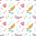 Kawaii fish and sea shells seamless pattern