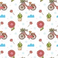 Kawaii flower and bicycle seamless pattern