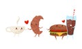 Kawaii Food Pairs in Love with Coke and Hamburger Hugging Vector Set