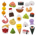 Kawaii food vector emoticon japanese sushi character and emoji sashimi roll with cartoon rice in Japan restaurant