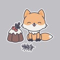 Cute kawaii fox sticker. Happy little foxes with traditional chocolate cake and holly berry.