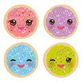 Kawaii Frosted sugar cookies, Italian Freshly baked biscuit with pink frosting and colorful sprinkles. Bright colors pink purple g