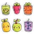 Kawaii fruit characters smiling cute illustration. Juicy strawberry, happy lime cheerful orange Royalty Free Stock Photo