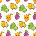 Kawaii fruit seamless pattern with grape, star fruit, kiwi etc