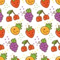 Kawaii fruit seamless pattern with strawberry, cherry, grape etc