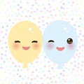 Kawaii funny balloons yellow blue with pink cheeks and eyes on white polka dot background. Vector