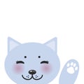 Kawaii funny blue cat muzzle with pink cheeks and big black eyes Cat`s paws isolated on white background. Perfect for a greeting Royalty Free Stock Photo