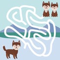 Kawaii funny brown husky dog, face with large eyes and pink cheeks, boy and girl, mountain landscape background. labyrinth game f
