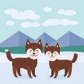 Kawaii funny brown husky dog, face with large eyes and pink cheeks, boy and girl, mountain landscape background. Vector