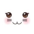 Kawaii funny cat muzzle with pink cheeks and big black eyes on white background. Vector