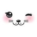 Kawaii funny cat muzzle with pink cheeks and winking eyes on white background. Vector Royalty Free Stock Photo