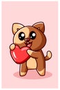 Kawaii And Funny Dog Show His Heart, Valentine Day Cartoon Illustration