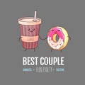 Kawaii funny donut and a cup of coffee. Sweet fast food. Graphic print sign