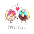 Kawaii funny donuts in love. Sweet fast food. Graphic print sign