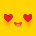 Kawaii funny muzzle in love with pink cheeks and big Red heart eyes Cute Cartoon Face on yellow orange background. Vector