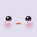 Kawaii funny muzzle with pink cheeks and big eyes Cute Cartoon Crying Face on lilac background. Vector