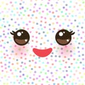 Kawaii funny muzzle with pink cheeks and eyes on white polka dot background. Vector Royalty Free Stock Photo