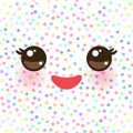 Kawaii funny muzzle with pink cheeks and eyes on white polka dot background. Vector