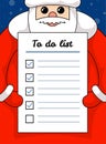 Kawaii funny Santa Claus holding letter to do list paper. Christmas and Happy New Year holiday task and promises plan