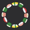 Kawaii funny sushi set with pink cheeks and big eyes, emoji card banner design round frame wreath for text on black background. Ve Royalty Free Stock Photo