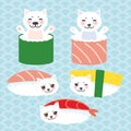 Kawaii funny Sushi set and white cute cat with pink cheeks and eyes, emoji. Baby blue background with japanese circle pattern. Vec Royalty Free Stock Photo