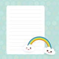 Kawaii funny white clouds, muzzle with pink cheeks and winking eyes, rainbow. Card design with blue pastel colors polka dot lined