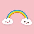 Kawaii funny white clouds set, muzzle with pink cheeks and winking eyes, rainbow on light pink background. Vector