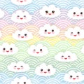 Kawaii funny white clouds set, muzzle with pink cheeks and winking eyes. Seamless pattern on blue mint orange pink lilac japanese