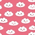 Kawaii funny white clouds set, muzzle with pink cheeks and winking eyes. Seamless pattern on pink background. Vector