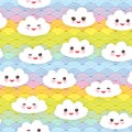 Kawaii funny white clouds set, muzzle with pink cheeks and winking eyes. Seamless pattern on Rainbow red orange yellow green blue