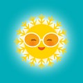 Kawaii Funny Yellow Sun With Sunglasses Pink Cheeks And Eyes On Blue Sky Background. Hot Summer Day. Bright Sun And Blue Sky Witho