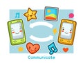 Kawaii gadgets communication funny card. Doodles with pretty facial expression