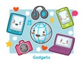 Kawaii gadgets funny card. Doodles with pretty facial expression