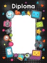 Kawaii gadgets social network diploma. Doodles with pretty facial expression. Illustration of phone, tablet, globe