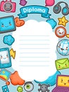 Kawaii gadgets social network diploma. Doodles with pretty facial expression. Illustration of phone, tablet, globe