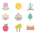 Kawaii gardening cartoon characters tools collection