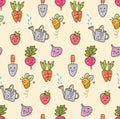 Kawaii gardening with fruit and vegetables seamless background