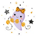 Kawaii ghost with garland for Halloween cartoon vector illustration