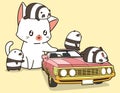 Kawaii giant cat and small pandas with pink car