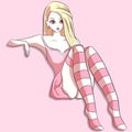Kawaii girl wearing a pastel pink dress and striped socks posing. Adorable cartoon character sitting bored at home