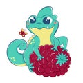 Kawaii green cartoon lizard sits on a big raspberry Royalty Free Stock Photo