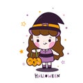 Kawaii Halloween girl vector holding pumpkin bucket cartoon with star, Pretty kids Trick or treat for holiday, Fancy dress