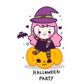 Kawaii Halloween girl vector on pumpkin cartoon with bat, Pretty kids Trick or treat for holiday, Fancy dress: Doodle