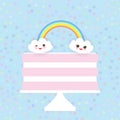 Kawaii Happy Birthday Sweet strawberry pink cake, white cream, clouds, rainbow, banner