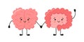 Kawaii happy human brain and funny intestine characters. Hand drawn symbol of the communication between the intestines