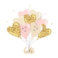 Kawaii heart balloons brunch. Girly. Gold glitter, pastel pink and beige colors. For Valentines day, birthday, baby shower, Royalty Free Stock Photo