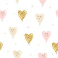 Kawaii heart balloons seamless pattern background. Gold glitter, pastel pink and beige colors. For Valentines day, birthday, baby