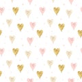Kawaii heart balloons seamless pattern background. Gold glitter, pastel pink and beige colors. For Valentines day, birthday, baby