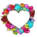 Kawaii heart frame with sweets and candies. Crazy sweet-stuff in cartoon style