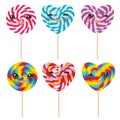 Kawaii Heart shaped candy lollipop with pink cheeks and winking eyes, colorful spiral candy cane. Candy on stick with twisted desi